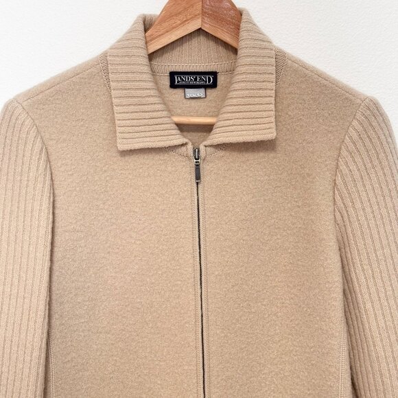 Lands End Cream Beige Boiled Wool Sweater Zip Front Jacket - Picture 3 of 14